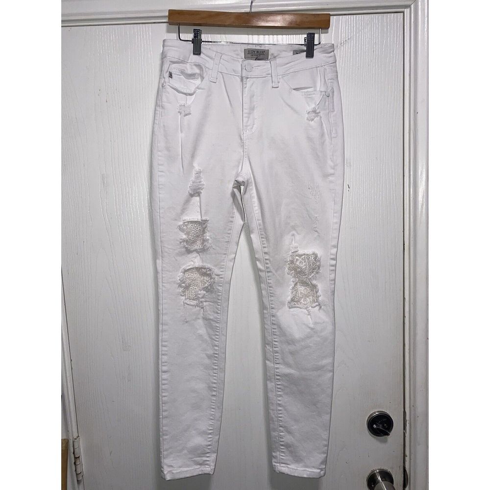 Judy Blue Skinny Fit Distressed Mid Rise Womens 9/29 Button‎ Fly White